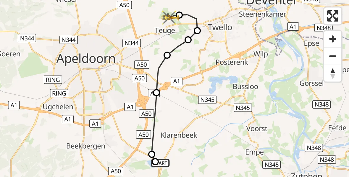 Vluchtroute Traumahelikopter Klarenbeek - Vliegveld Teuge, 03 augustus 2026, 17:21