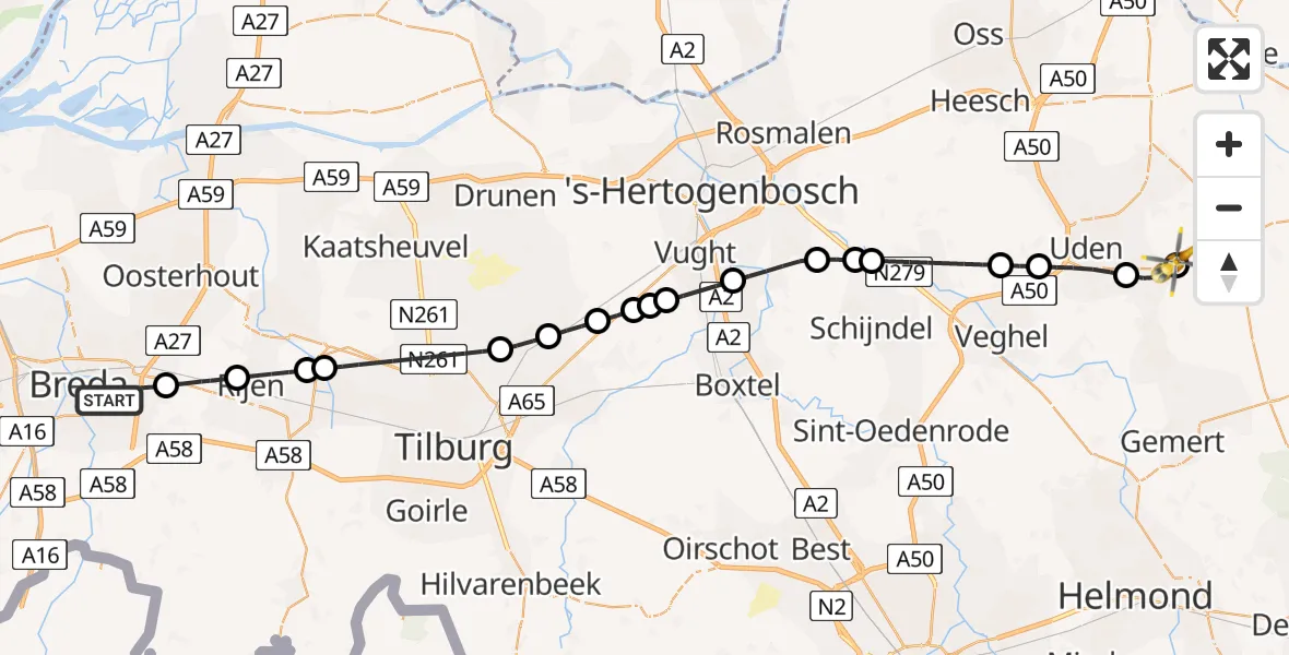 Vluchtroute Traumahelikopter Breda - Vliegbasis Volkel, 03 augustus 2026, 17:25