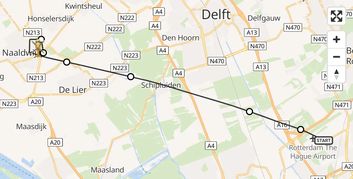 Vluchtroute Traumahelikopter Rotterdam The Hague Airport - Naaldwijk, 03 augustus 2026, 17:43