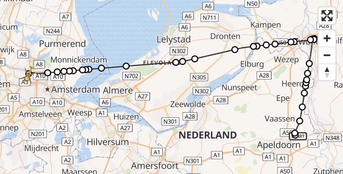 Vluchtroute Traumahelikopter Vliegveld Teuge - Amsterdam Heliport, 03 augustus 2026, 17:45