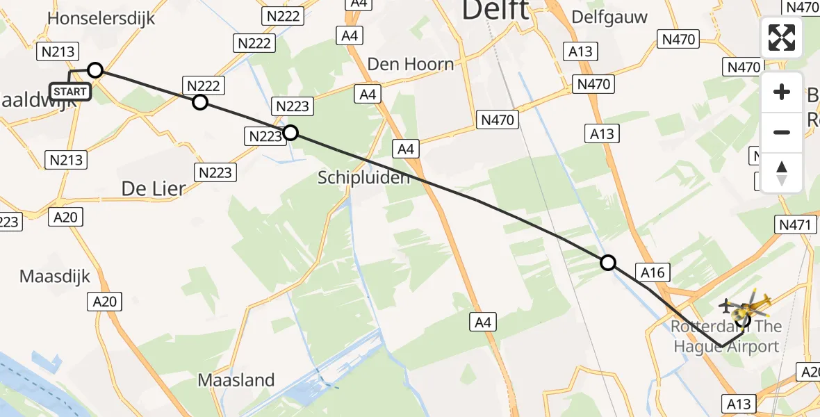 Vluchtroute Traumahelikopter Naaldwijk - Rotterdam The Hague Airport, 03 augustus 2026, 18:11