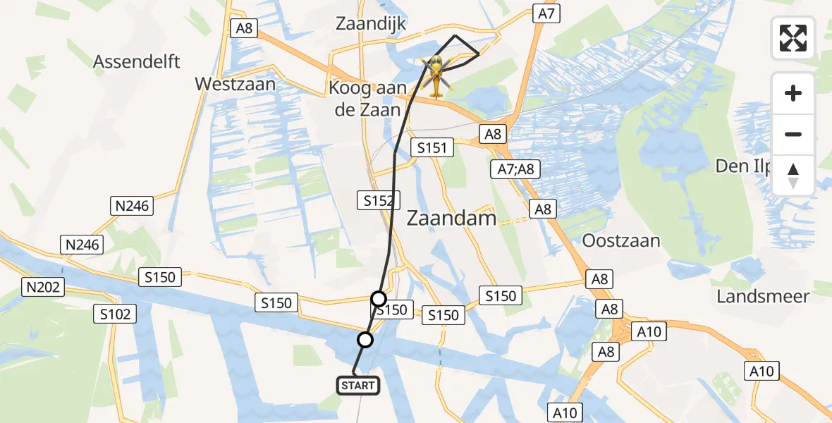 Vluchtroute Traumahelikopter Amsterdam Heliport - Zaandam, 03 augustus 2026, 18:31