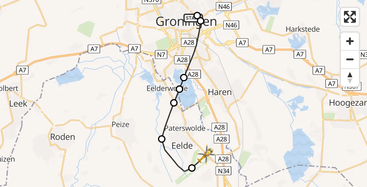 Vluchtroute Traumahelikopter Universitair Medisch Centrum Groningen - Groningen Airport Eelde, 03 augustus 2026, 18:49