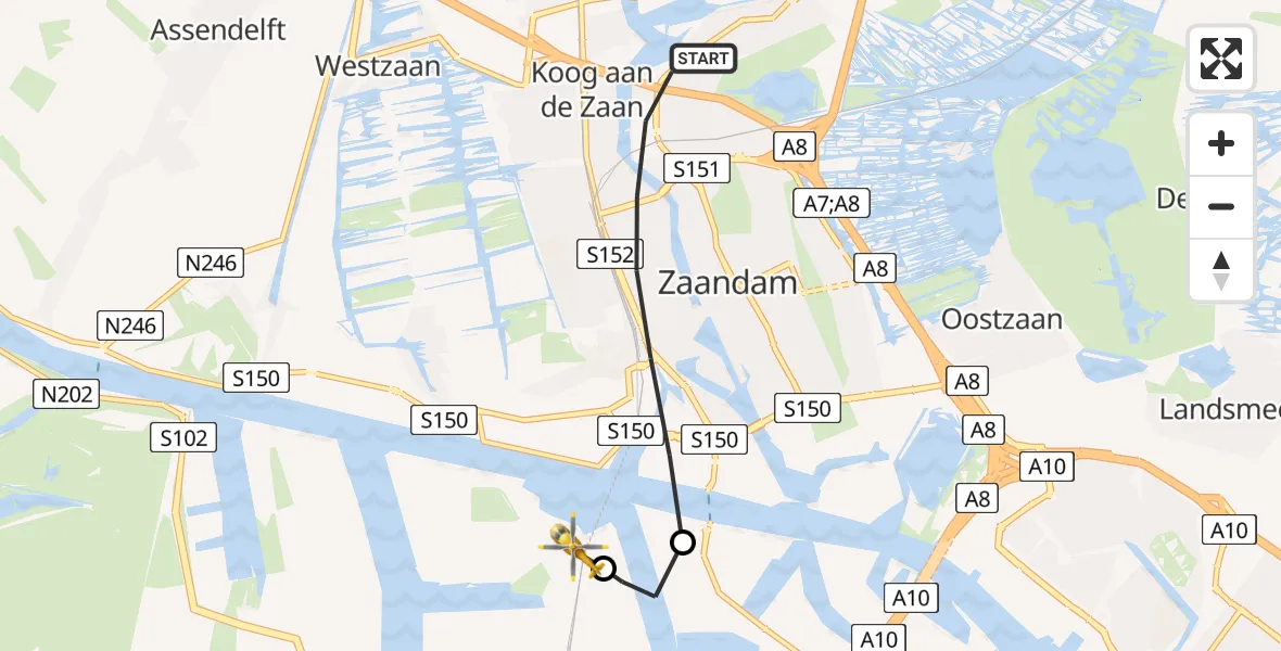 Vluchtroute Traumahelikopter Zaandam - Amsterdam Heliport, 03 augustus 2026, 19:20