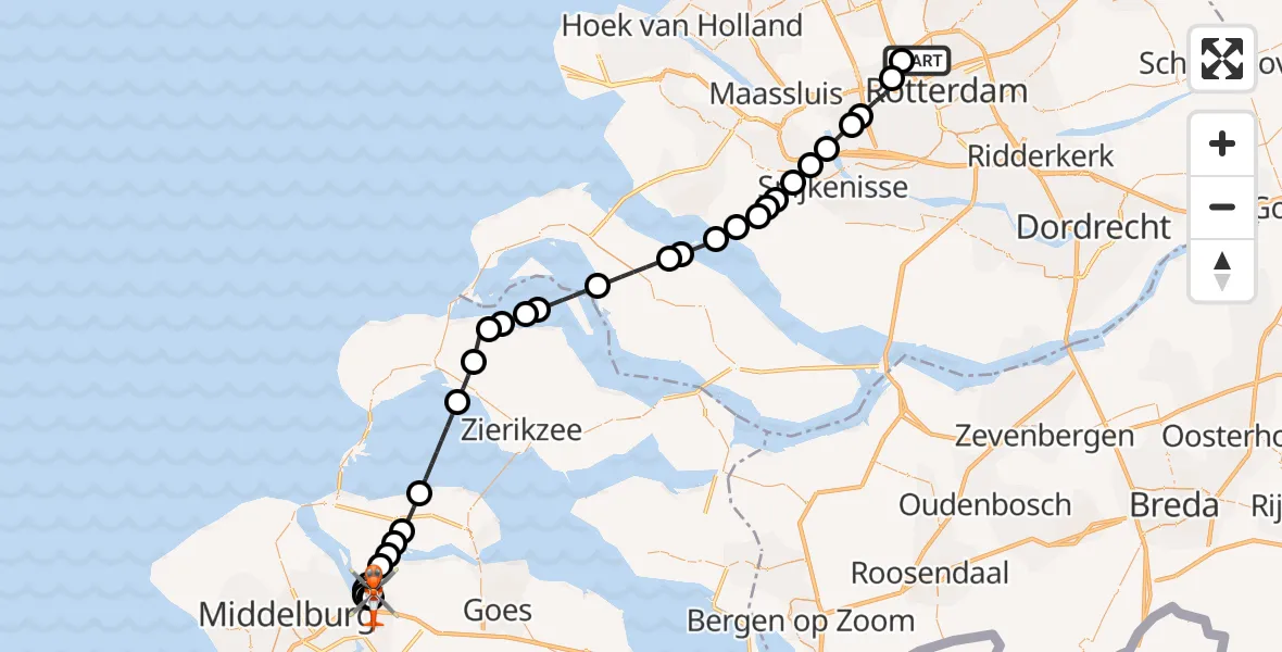 Vluchtroute Kustwachthelikopter Rotterdam The Hague Airport - Vliegveld Midden-Zeeland, 03 augustus 2026, 19:53