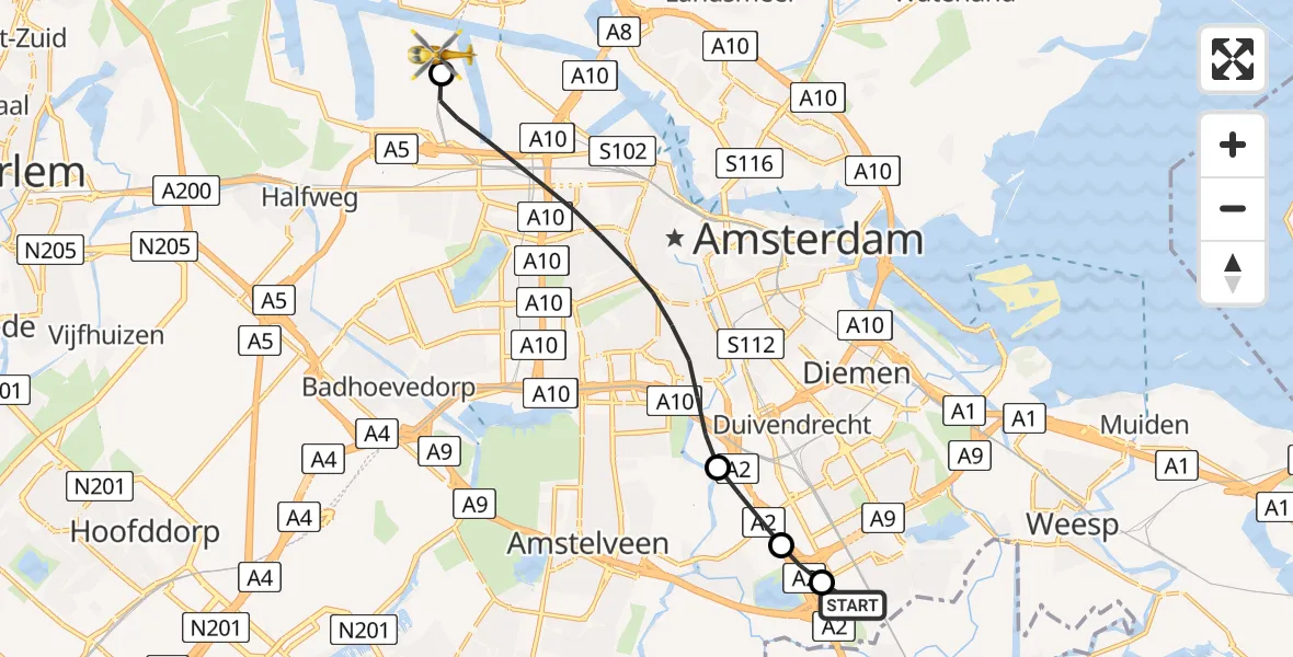 Vluchtroute Traumahelikopter Amsterdam UMC Helipad - Amsterdam Heliport, 03 augustus 2026, 20:03