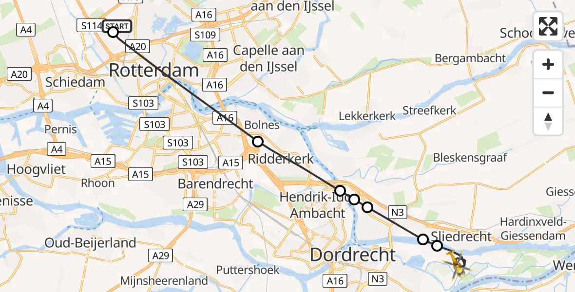 Vluchtroute Traumahelikopter Rotterdam The Hague Airport - Dordrecht, 03 augustus 2026, 20:15