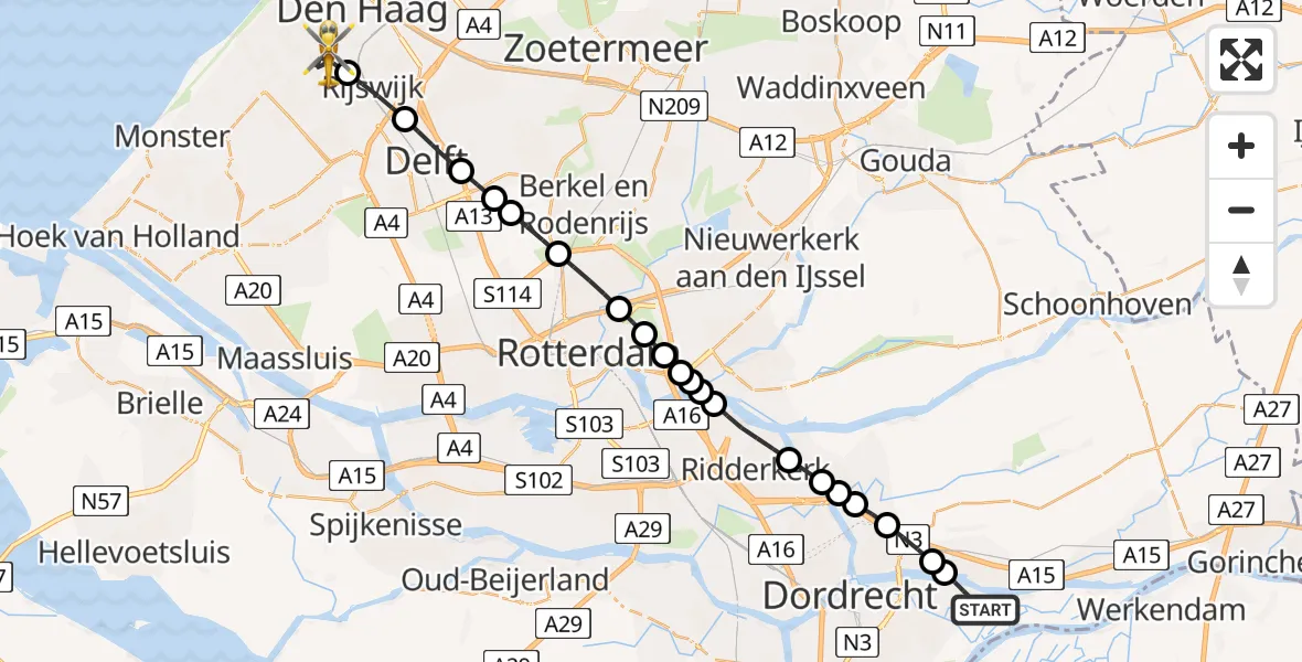 Vluchtroute Traumahelikopter Dordrecht - 's-Gravenhage, 03 augustus 2026, 21:16