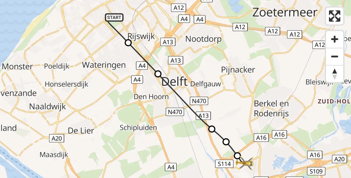 Vluchtroute Traumahelikopter 's-Gravenhage - Rotterdam The Hague Airport, 03 augustus 2026, 22:31