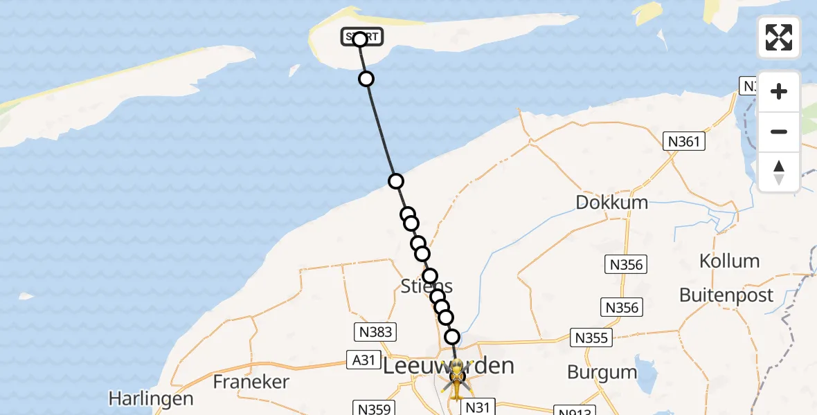 Vluchtroute Ambulancehelikopter Ameland Vliegveld Ballum - Leeuwarden Medical Center Heliport, 03 augustus 2026, 23:34