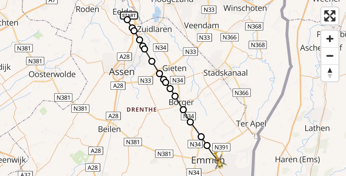 Vluchtroute Traumahelikopter Groningen Airport Eelde - Emmen, 04 augustus 2026, 04:37