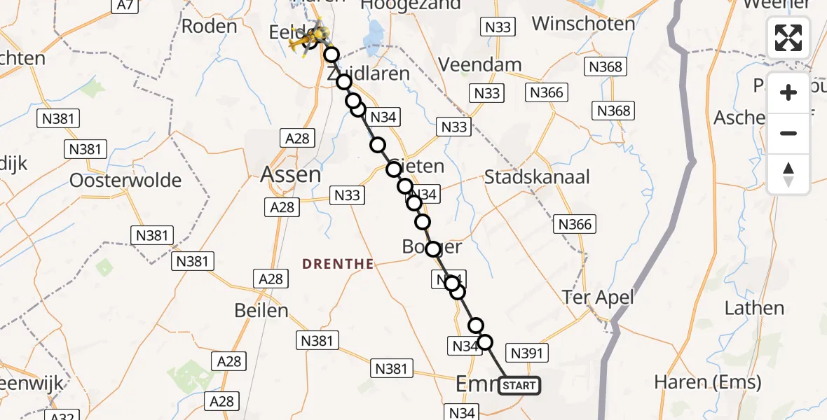 Vluchtroute Traumahelikopter Emmen - Groningen Airport Eelde, 04 augustus 2026, 05:08