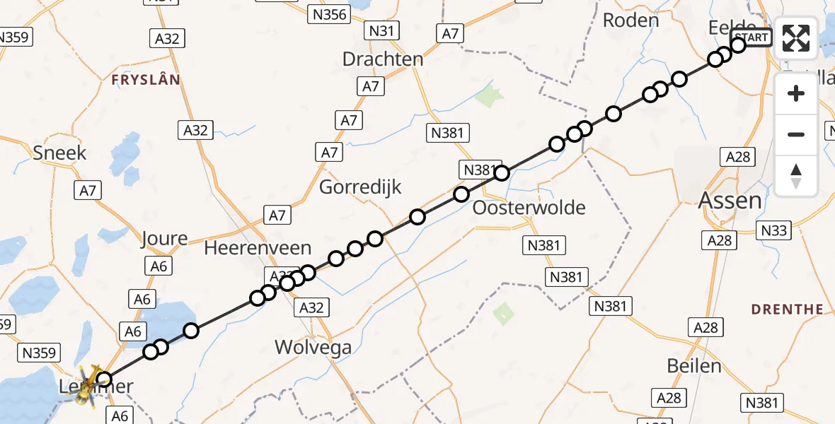 Vluchtroute Traumahelikopter Groningen Airport Eelde - Lemmer, 04 augustus 2026, 09:32