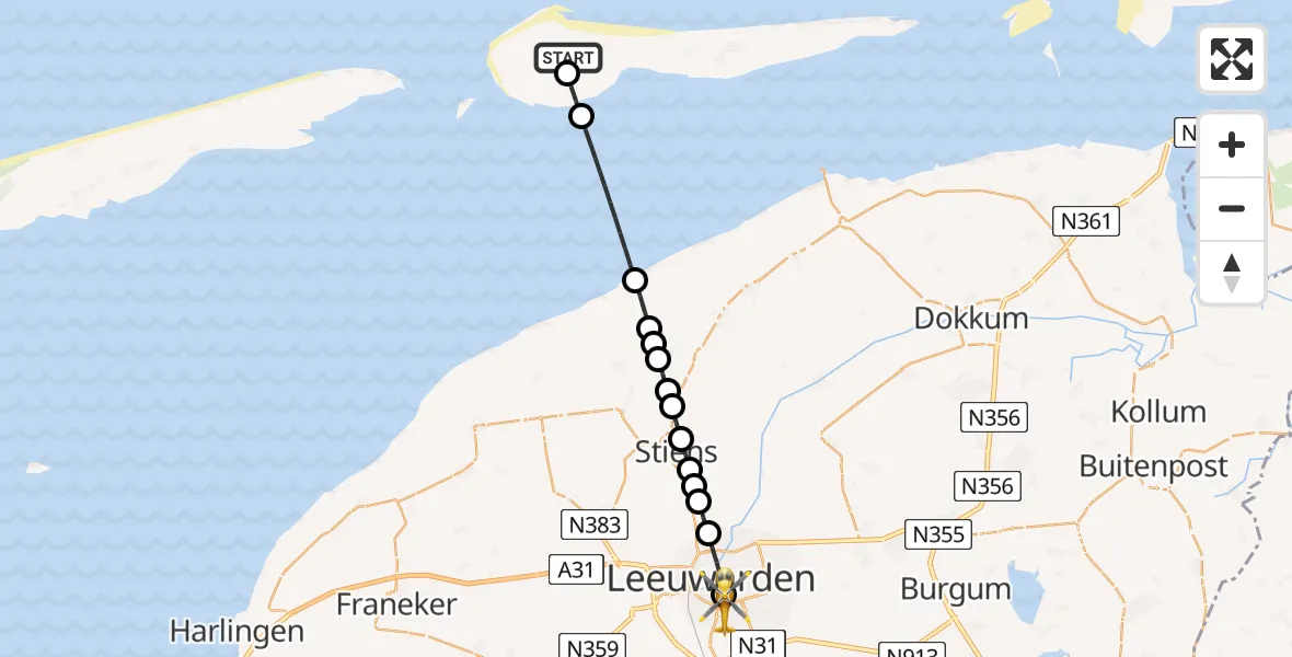 Vluchtroute Ambulancehelikopter Ameland Vliegveld Ballum - Leeuwarden Medical Center Heliport, 04 augustus 2026, 13:14