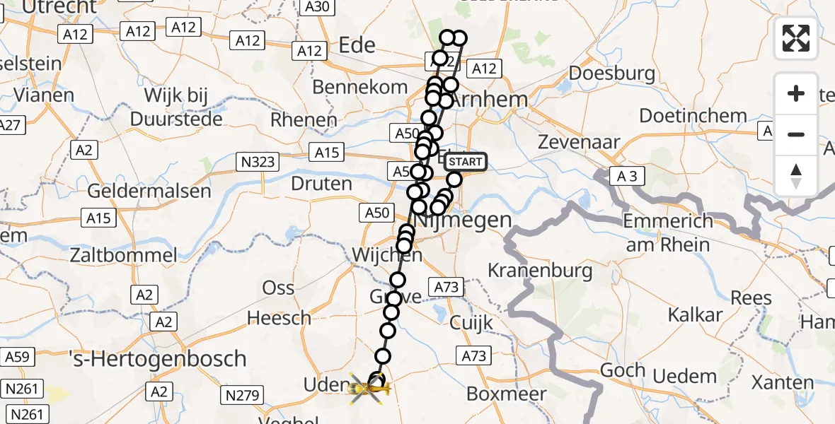 Vluchtroute Traumahelikopter Elst - Vliegbasis Volkel, 04 augustus 2026, 13:17