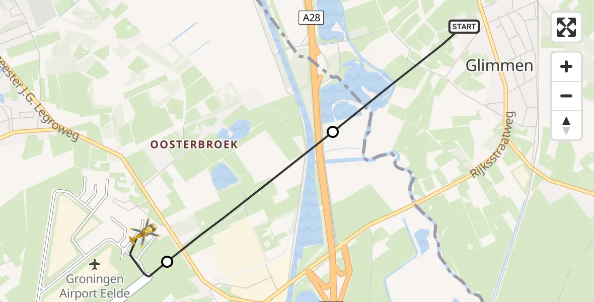 Vluchtroute Traumahelikopter Glimmen - Groningen Airport Eelde, 04 augustus 2026, 15:14