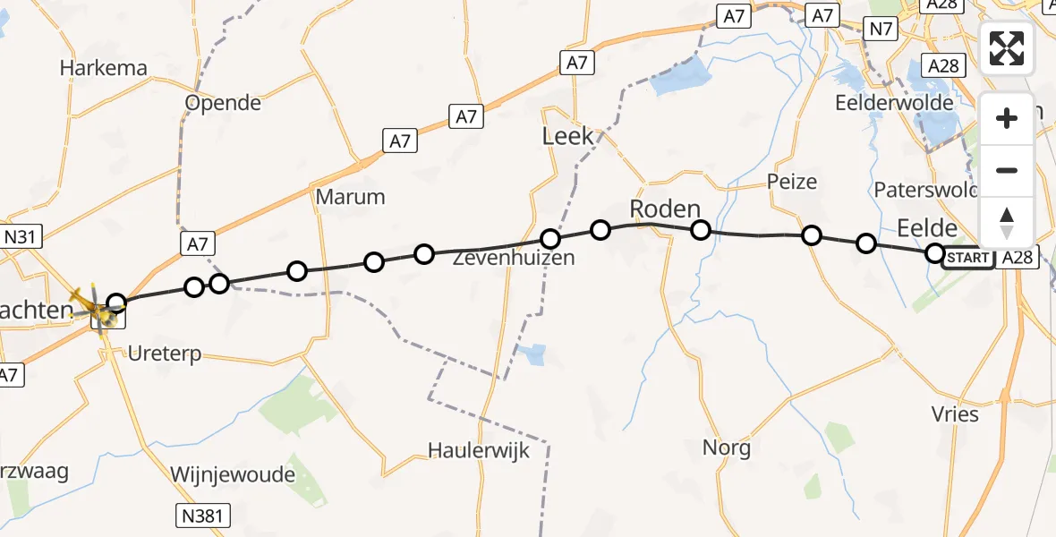 Vluchtroute Traumahelikopter Groningen Airport Eelde - Drachten, 04 augustus 2026, 16:39