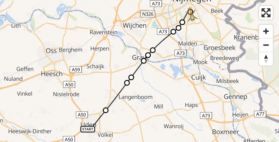 Vluchtroute Traumahelikopter Uden - Radboud University Medical Center Heliport, 04 augustus 2026, 17:30