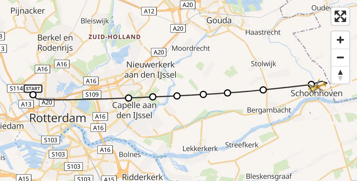 Vluchtroute Traumahelikopter Rotterdam The Hague Airport - Schoonhoven, 04 augustus 2026, 20:58