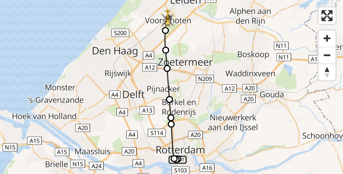 Vluchtroute Traumahelikopter Erasmus MC - Voorschoten, 04 augustus 2026, 22:09