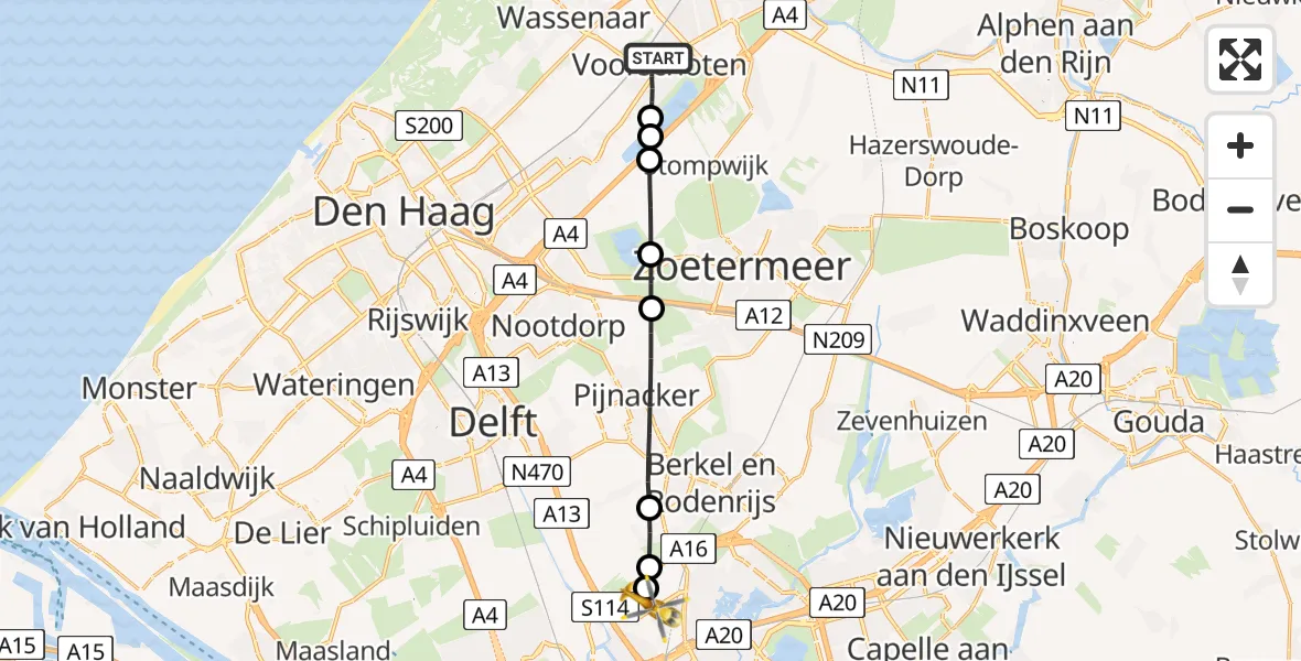 Vluchtroute Traumahelikopter Voorschoten - Rotterdam The Hague Airport, 04 augustus 2026, 22:39
