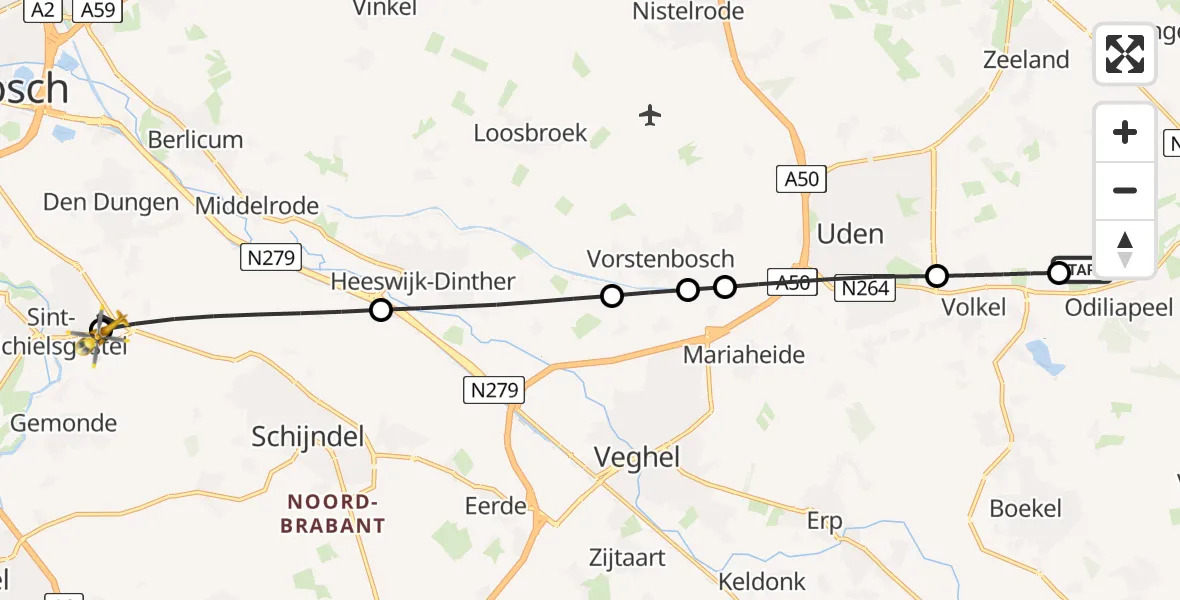 Vluchtroute Traumahelikopter Vliegbasis Volkel - Sint-Michielsgestel, 05 augustus 2026, 03:27