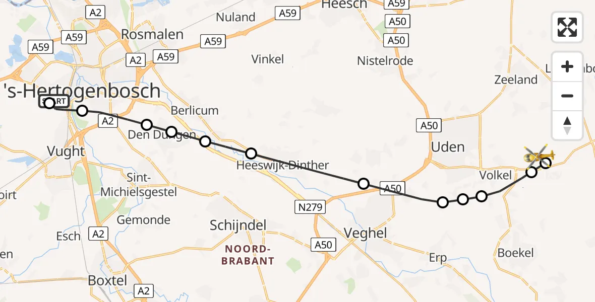 Vluchtroute Traumahelikopter 's-Hertogenbosch - Vliegbasis Volkel, 05 augustus 2026, 04:44