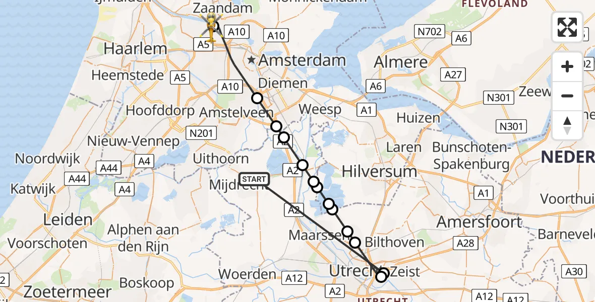 Vluchtroute Traumahelikopter Vinkeveen - Amsterdam Heliport, 05 augustus 2026, 05:17