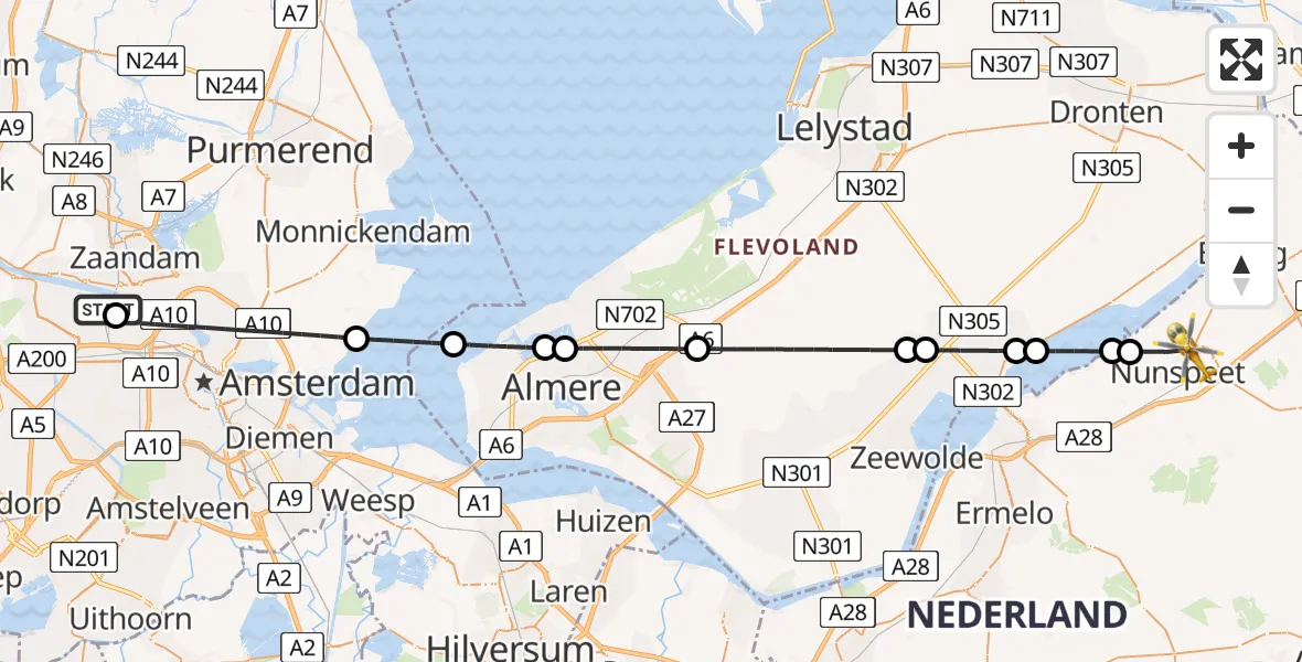 Vluchtroute Traumahelikopter Amsterdam Heliport - Nunspeet, 05 augustus 2026, 09:43