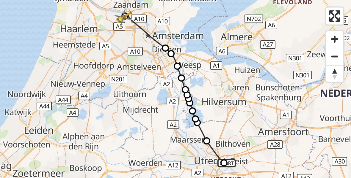 Vluchtroute Traumahelikopter Universitair Medisch Centrum Utrecht - Amsterdam Heliport, 05 augustus 2026, 10:53
