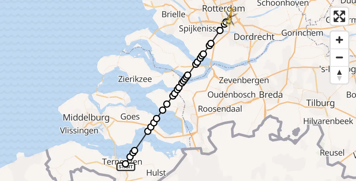 Vluchtroute Traumahelikopter Ziekenhuis Zeeuws-Vlaanderen. Locatie De Honte Heliport - Rotterdam, 05 augustus 2026, 11:43