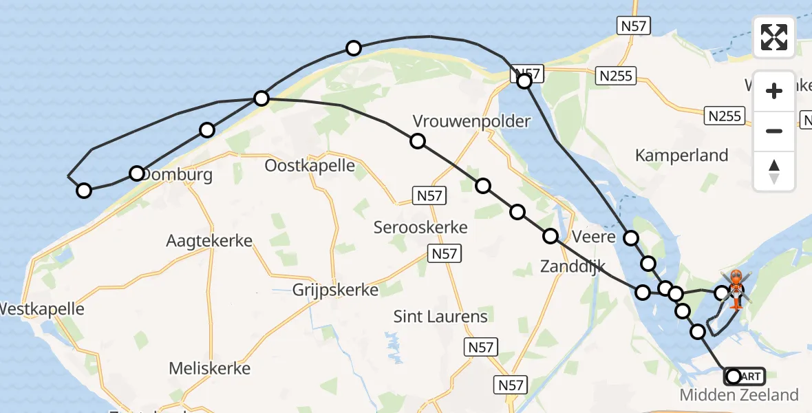 Vluchtroute Kustwachthelikopter Vliegveld Midden-Zeeland - Wolphaartsdijk, 05 augustus 2026, 13:13