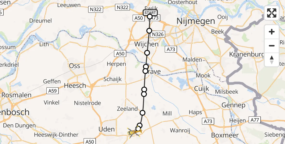 Vluchtroute Traumahelikopter Ewijk - Vliegbasis Volkel, 05 augustus 2026, 13:17