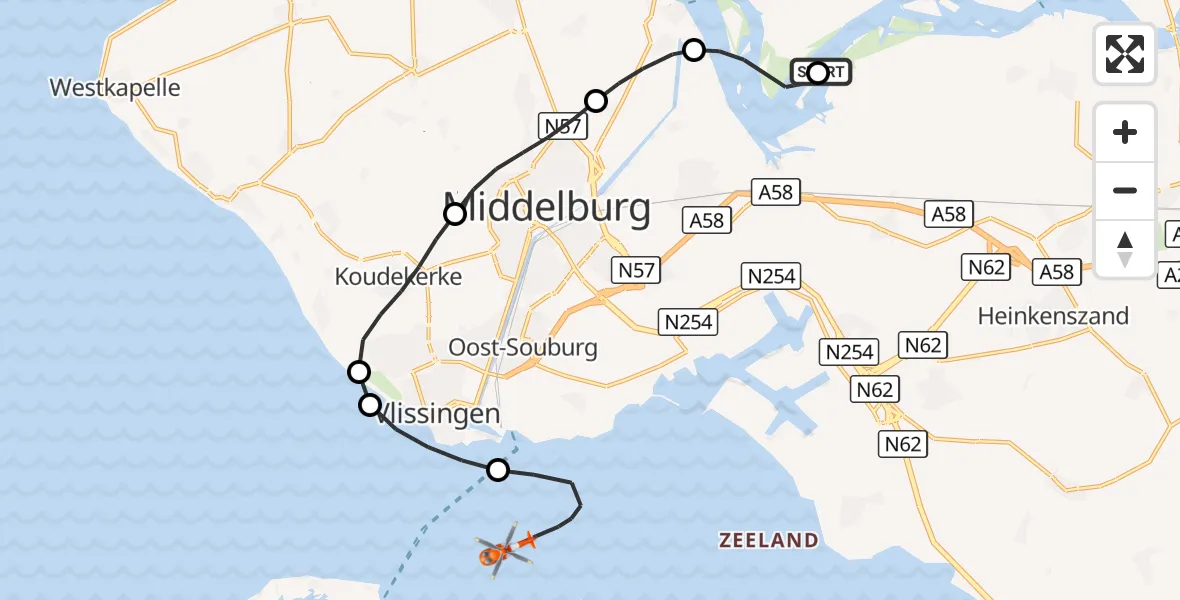 Vluchtroute Kustwachthelikopter Wolphaartsdijk - Westerschelde, 05 augustus 2026, 13:38