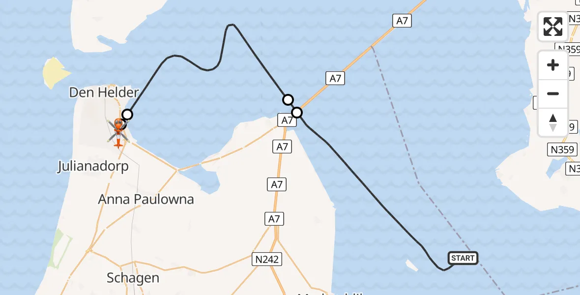 Vluchtroute Kustwachthelikopter IJsselmeer - Militair vliegveld De Kooy / Den Helder Airport, 05 augustus 2026, 13:56