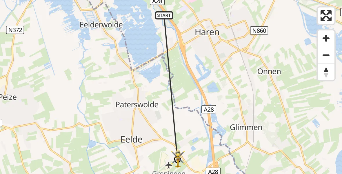 Vluchtroute Traumahelikopter Haren Gn - Groningen Airport Eelde, 05 augustus 2026, 14:01