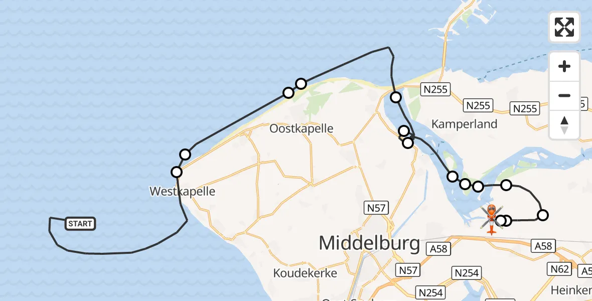 Vluchtroute Kustwachthelikopter Noordzee - Vliegveld Midden-Zeeland, 05 augustus 2026, 14:36