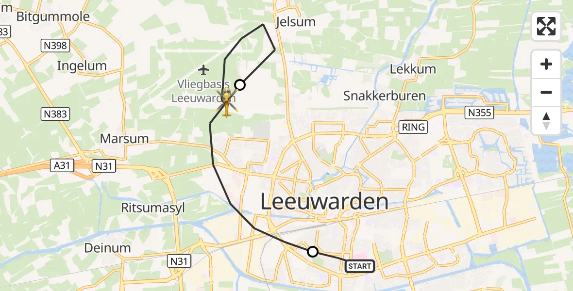 Vluchtroute Ambulancehelikopter Leeuwarden Medical Center Heliport - Vliegbasis Leeuwarden, 05 augustus 2026, 18:14
