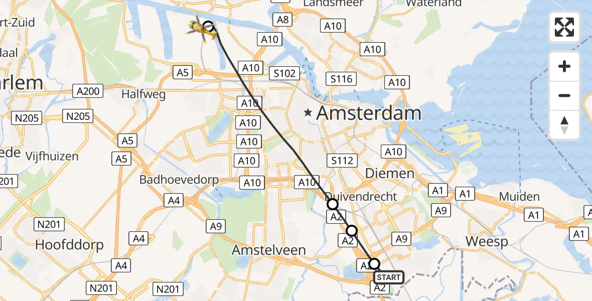 Vluchtroute Traumahelikopter Amsterdam UMC Helipad - Amsterdam Heliport, 05 augustus 2026, 18:49