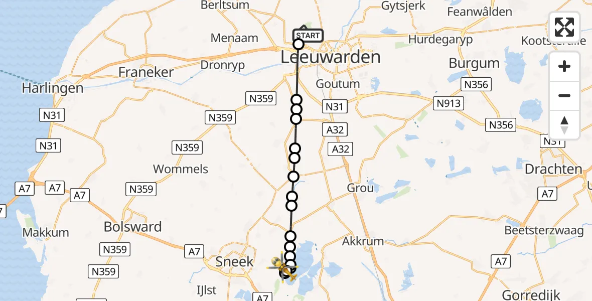 Vluchtroute Ambulancehelikopter Vliegbasis Leeuwarden - Offingawier, 05 augustus 2026, 19:02