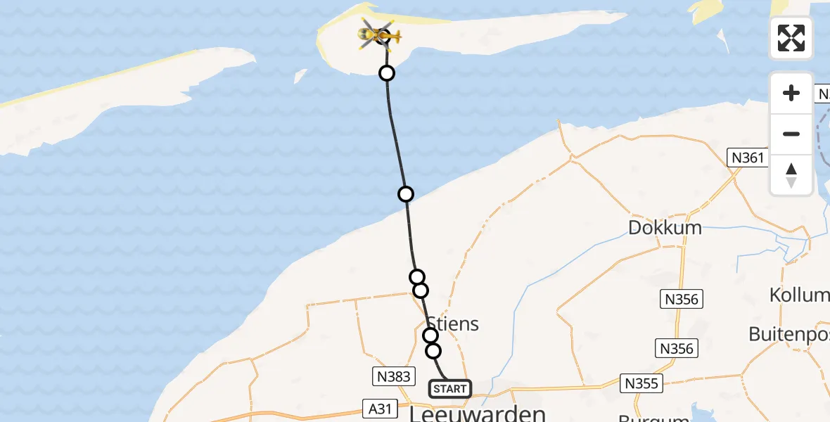 Vluchtroute Ambulancehelikopter Vliegbasis Leeuwarden - Ameland Vliegveld Ballum, 05 augustus 2026, 20:48