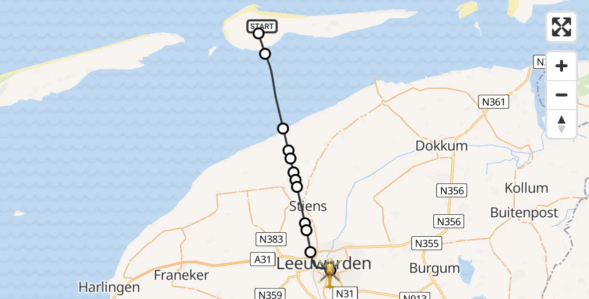 Vluchtroute Ambulancehelikopter Ameland Vliegveld Ballum - Leeuwarden Medical Center Heliport, 05 augustus 2026, 21:17