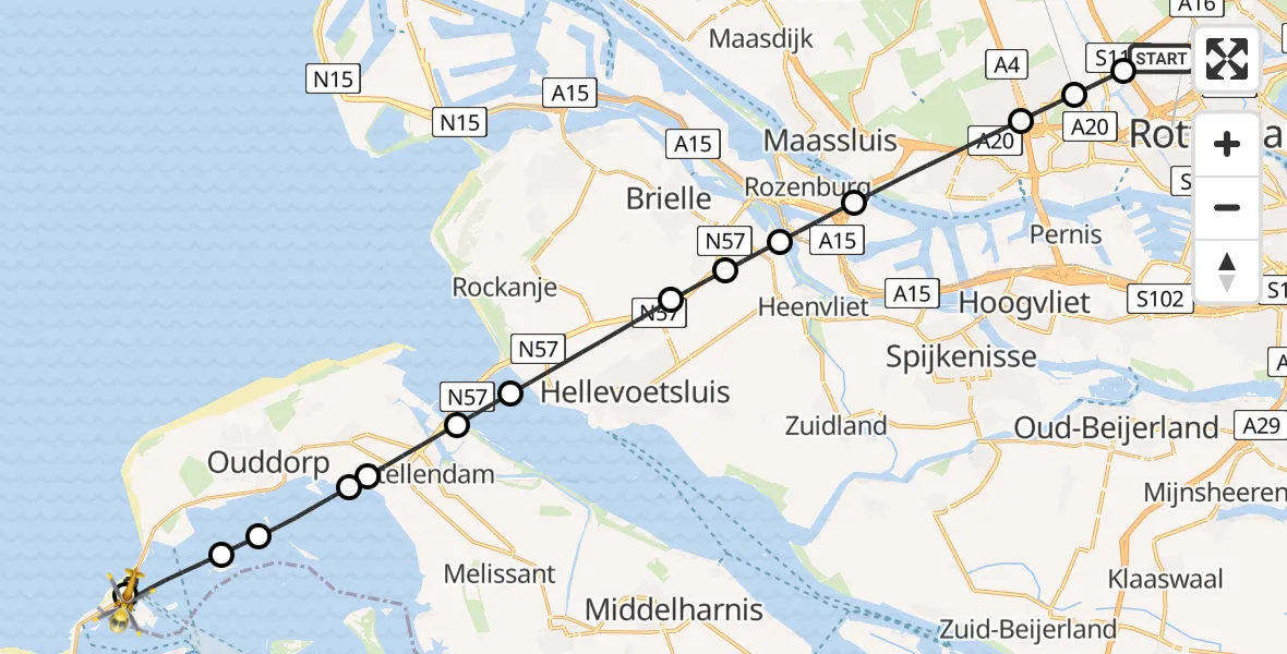 Vluchtroute Traumahelikopter Rotterdam The Hague Airport - Ouddorp, 05 augustus 2026, 22:21