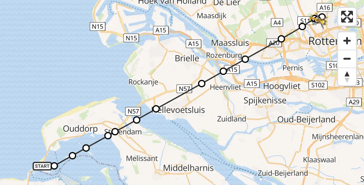 Vluchtroute Traumahelikopter Ouddorp - Rotterdam The Hague Airport, 05 augustus 2026, 23:13