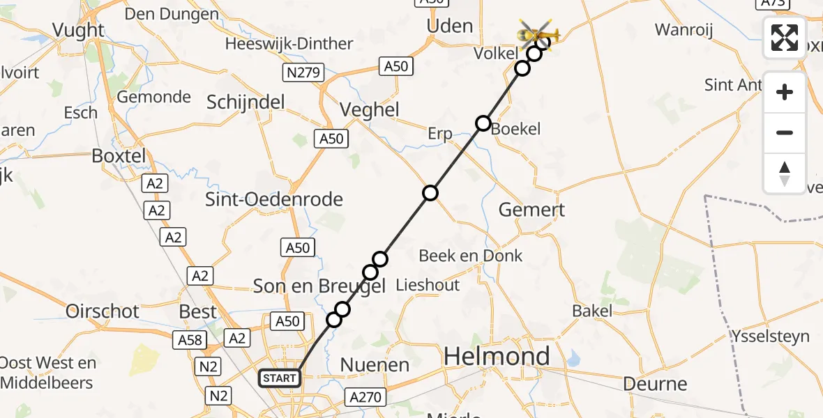 Vluchtroute Traumahelikopter Eindhoven - Vliegbasis Volkel, 06 augustus 2026, 12:03