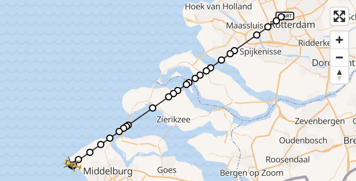 Vluchtroute Traumahelikopter Rotterdam The Hague Airport - Westkapelle, 06 augustus 2026, 12:25