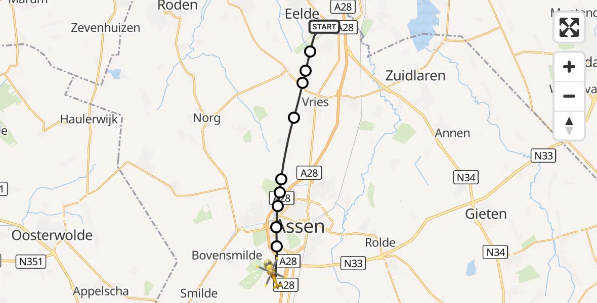 Vluchtroute Traumahelikopter Groningen Airport Eelde - Assen, 06 augustus 2026, 13:43