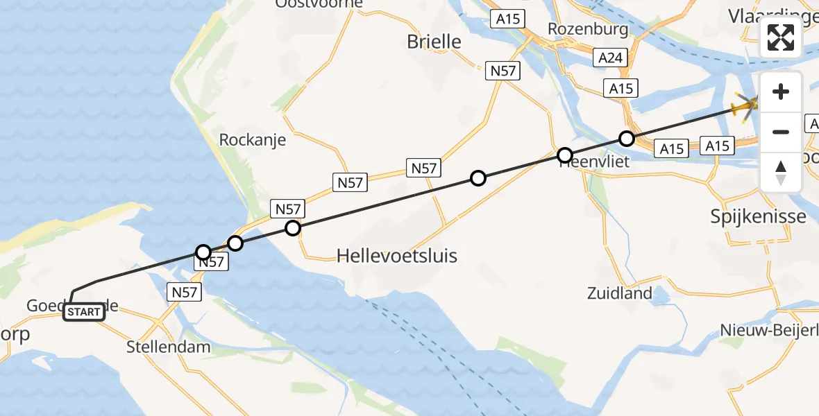 Vluchtroute Traumahelikopter Goedereede - Botlek Rotterdam, 06 augustus 2026, 14:08