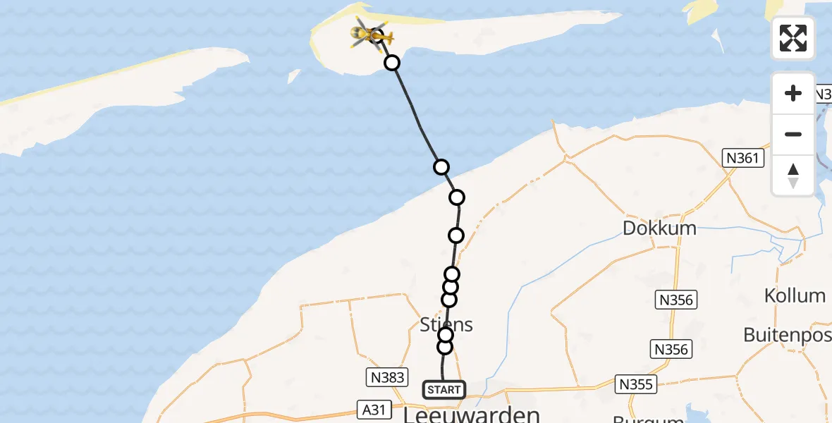 Vluchtroute Ambulancehelikopter Vliegbasis Leeuwarden - Ameland Vliegveld Ballum, 06 augustus 2026, 14:36