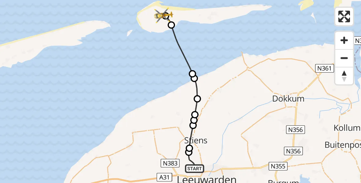 Vluchtroute Ambulancehelikopter Vliegbasis Leeuwarden - Ameland Vliegveld Ballum, 06 augustus 2026, 16:57